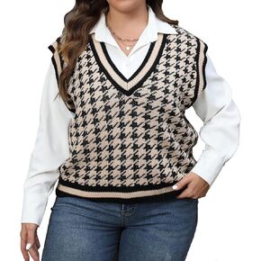 Women's Plus Size Sweater Vest Houndstooth Pattern V Neck Knitted Vest Casual Sleeveless Pullover Sweaters