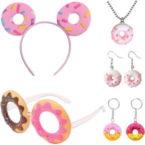 Donut Dress Up Supplies Donut Headband Glasses Frame Necklace Earrings Keychains Pink Theme Party Gifts for Women Girls 7 Pack