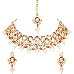 I Jewels Gold Plated Indian Wedding Bollywood Pearl Kundan Studded Floral Necklace With Earring Maang Tikka Set For Women