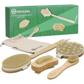 Nevlers Natural Boar Bristle Body Brush Set with Detachable Cellulite Massage Brush and Long Wooden Handle for Dry Brushing Perfect Kit to Exfoliate and Get Rid of Cellulite in Kuwait