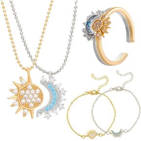 Sun and Moon Jewelry Set for for Couples Sun and Moon Necklace Bracelets Adjustable Matching Rings for Best Friend Jewelry Gift