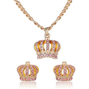 Juicy Couture Necklace and Crown Stud Earrings for Women with Pink Crystals, Gold Tone Jewelry Set