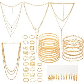 48pcs Gold Jewelry Set for Women Multi Layered Necklace Knuckle Rings Stackable Bracelets Dainty Earrings Anniversary Birthday Valentine Gift Pack for Women
