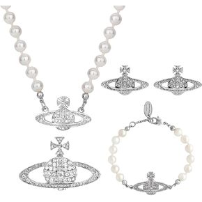 Dreuyet 4PCS Rhinestone Planet Saturn Pearl Choker Necklace Bracelet Earring Brooch Pin Jewelry Set for Women Charm Artificial Pearl Necklace Charm Lady Wedding Accessories Y2k Jewelry