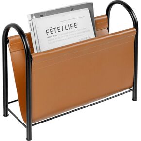 MyGift 15 Inch Modern Caramel Leatherette and Black Metal Magazine Holder with Round Handles, Floor Standing Faux Leather Book Storage Newspaper Rack, Home Bathroom Decor