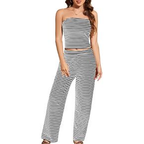 Womens Striped Tube Top Low Waist Wide Leg Pants Set Summer Beach Fashion Trendy Two Piece Y2K Outfits