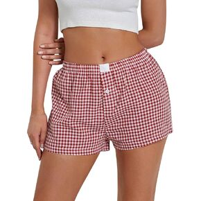 Womens Cotton Lounge Shorts Cute Soft Elastic Low Waist Plaid Print Button Front Pajama Bottoms Boxer Shorts Sleepwear