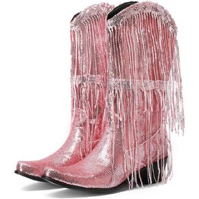 Glittery Fringe Cowboy Boots Sparkly Tassel Cowgirl Boots Clubwear Bling Mid Calf Western Boots