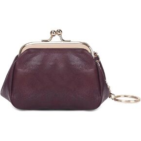 Retro Coin Purse Kiss Lock Wallet for Women with Key Chain (Brown)