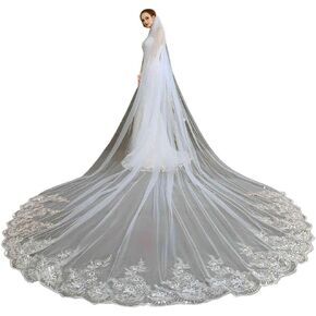 WOWBRIDAL Bride Wedding Lace Sequin Pearl Veils Long Cathedral Veil Soft Tulle Bridal Veils with Metal Comb 118"
