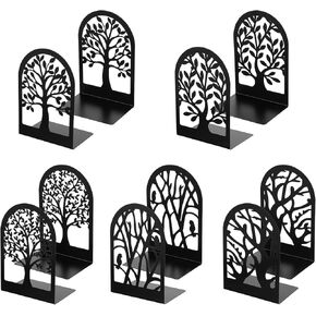 Bookends for Shelves Decorative, 5 Pairs of Tree Bookends Supports, Black Metal Book Stoppers for Heavy Books, Heavy Duty Book Ends for Home Office School