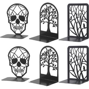 3Pairs Metal Bookends Skull Decorative, Fortune Tree Design and Resting Bird Design, Decorative Bookend Black Book Ends
