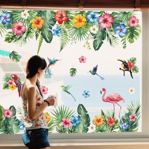 9 Sheets Summer Tropical Window Cling Stickers Palm Leaves Hibiscus Flower Bird Window Decals Reusable Decoration for Hawaiian Party Home Classroom Bedroom