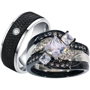 ringheart Couple Rings Black Matching Ring 1.5CT AAA CZ 3pcs Women Wedding Ring Sets for Him and Her Rings Men Band