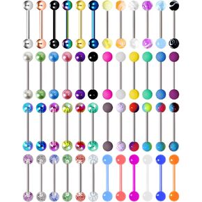 48Pcs 14G Colorful Ball Tongue Rings for Women Men Surgical Stainless Steel Nipple Rings Acrylic Plastic Tongue Barbells Piercing Jewelry Bar Length 16mm