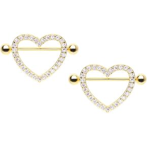 Pierced Owl 14GA Stainless Steel Crystal Lined Heart Shaped Nipple Shields, Sold as a Pair