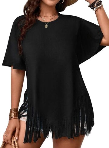 Remidoo Womens Fringe HEM Short Sleeve Round Dound The Shirt Teep Excerize Tope in Kuwait