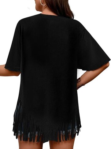 Remidoo Womens Fringe HEM Short Sleeve Round Dound The Shirt Teep Excerize Tope in Kuwait