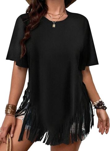 Remidoo Womens Fringe HEM Short Sleeve Round Dound The Shirt Teep Excerize Tope in Kuwait