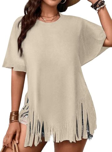 Remidoo Womens Fringe HEM Short Sleeve Round Dound The Shirt Teep Excerize Tope in Kuwait