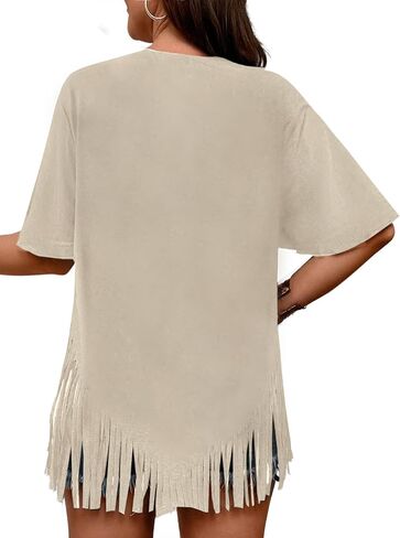 Remidoo Womens Fringe HEM Short Sleeve Round Dound The Shirt Teep Excerize Tope in Kuwait