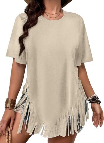 Remidoo Womens Fringe HEM Short Sleeve Round Dound The Shirt Teep Excerize Tope in Kuwait