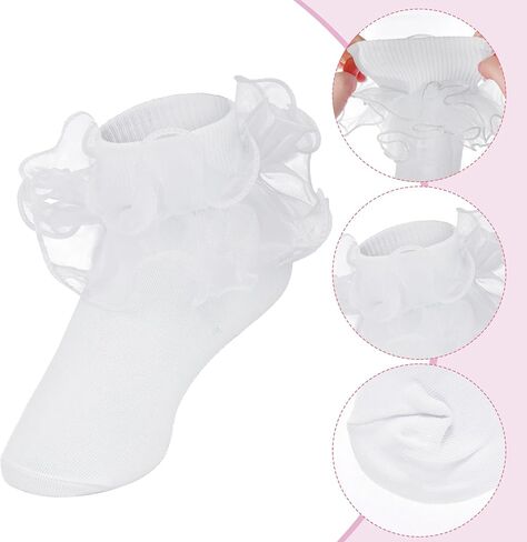 Girls Ruffle Socks Toddler Ruffle Socks Baby Kids Double Layers Lace Dress Sock Cotton Fluffy Dance Sock in Saudi Arabia