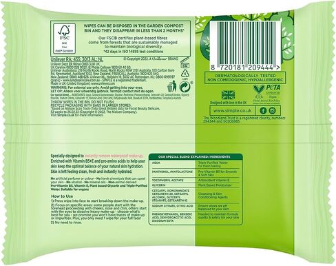 Simple Kind to Skin Facial Wipes, Cleansing 25 ct, Twin Pack in Kuwait