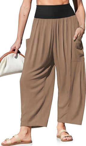 TARSE Womens Linen Wide Leg Pants Casual Loose Elastic Waist Beach Travel Vacation Palazzo Harem Pants with Pockets in Kuwait
