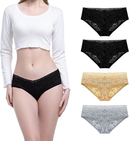 Womens Sexy Lace Bikini Panties Comfortable Soft Low Waist Hipster Briefs Undies 4 Pack in Saudi Arabia