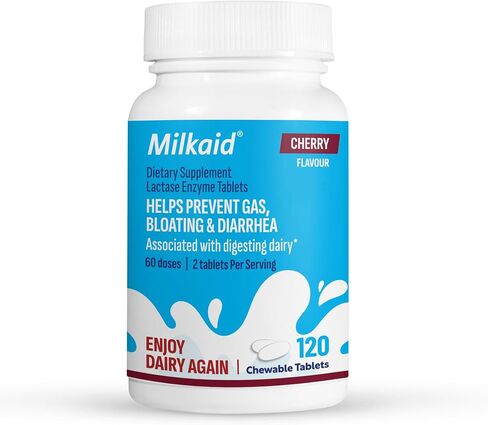 Milkaid Lactase Enzyme Chewable Tablets for Lactose Intolerance Relief | Prevents Gas, Bloating & Diarrhea | Fast Acting Dairy Digestive Supplement (120 Tablets, Cherry) in Saudi Arabia