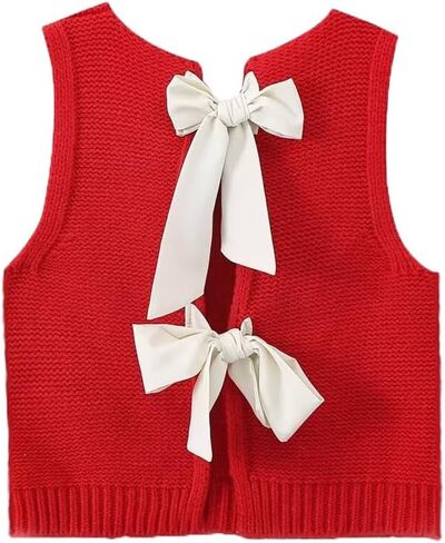 Women Cute Crew Neck Bow Tie Back Sweater Vest Solid Sleeveless Open Back Crop Knitted Tank Top Fall Streetwear in Saudi Arabia