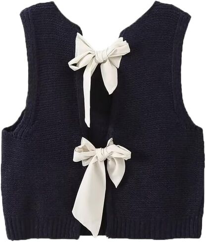 Women Cute Crew Neck Bow Tie Back Sweater Vest Solid Sleeveless Open Back Crop Knitted Tank Top Fall Streetwear in Saudi Arabia