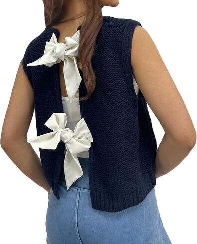 Women Cute Crew Neck Bow Tie Back Sweater Vest Solid Sleeveless Open Back Crop Knitted Tank Top Fall Streetwear in Saudi Arabia