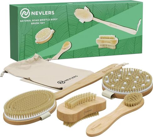 Nevlers Natural Boar Bristle Body Brush Set with Detachable Cellulite Massage Brush and Long Wooden Handle for Dry Brushing Perfect Kit to Exfoliate and Get Rid of Cellulite in Kuwait