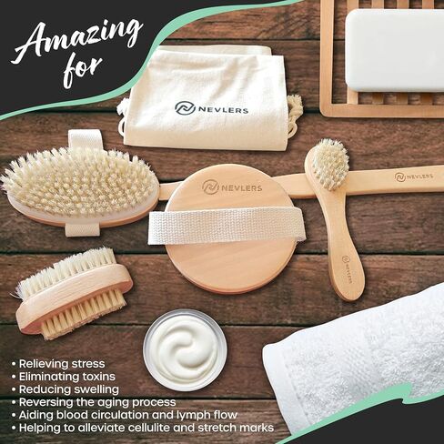 Nevlers Natural Boar Bristle Body Brush Set with Detachable Cellulite Massage Brush and Long Wooden Handle for Dry Brushing Perfect Kit to Exfoliate and Get Rid of Cellulite in Kuwait