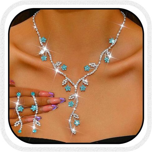 Unicra Rhinestone Bridal Wedding Jewelry Set Silver Necklace Earrings Sets Flower Formal Prom Costume Jewelry Sets for Women and Brides in Saudi Arabia