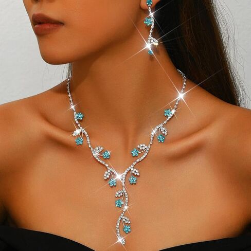 Unicra Rhinestone Bridal Wedding Jewelry Set Silver Necklace Earrings Sets Flower Formal Prom Costume Jewelry Sets for Women and Brides in Saudi Arabia