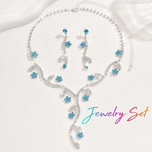 Unicra Rhinestone Bridal Wedding Jewelry Set Silver Necklace Earrings Sets Flower Formal Prom Costume Jewelry Sets for Women and Brides in Saudi Arabia