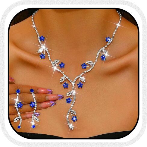 Unicra Rhinestone Bridal Wedding Jewelry Set Silver Necklace Earrings Sets Flower Formal Prom Costume Jewelry Sets for Women and Brides in Saudi Arabia