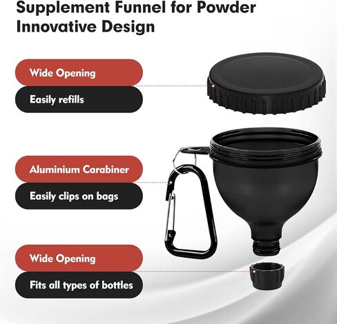 2Pack Portable Protein Powder Travel Container to Go, Protein Powder Funnel with Carabiner & Reinforced Caps, Water Bottle Container for Powders Mixes, PreWorkout/Supplement Funnels (50ml_Black) in Kuwait