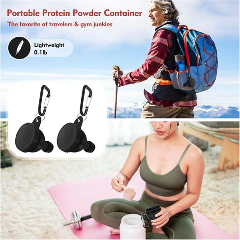 2Pack Portable Protein Powder Travel Container to Go, Protein Powder Funnel with Carabiner & Reinforced Caps, Water Bottle Container for Powders Mixes, PreWorkout/Supplement Funnels (50ml_Black) in Kuwait
