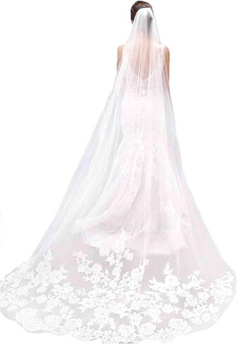 WOWBRIDAL Bride Wedding Lace Sequin Pearl Veils Long Cathedral Veil Soft Tulle Bridal Veils with Metal Comb 118" in Saudi Arabia