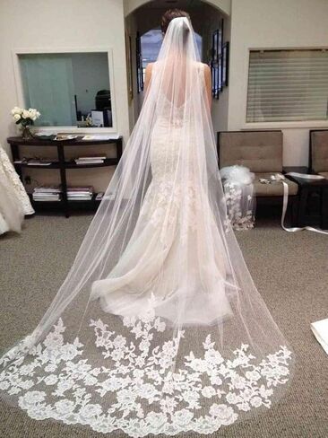 WOWBRIDAL Bride Wedding Lace Sequin Pearl Veils Long Cathedral Veil Soft Tulle Bridal Veils with Metal Comb 118" in Saudi Arabia