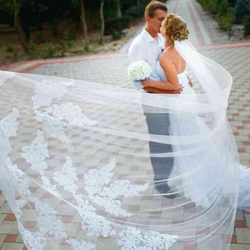 WOWBRIDAL Bride Wedding Lace Sequin Pearl Veils Long Cathedral Veil Soft Tulle Bridal Veils with Metal Comb 118" in Saudi Arabia