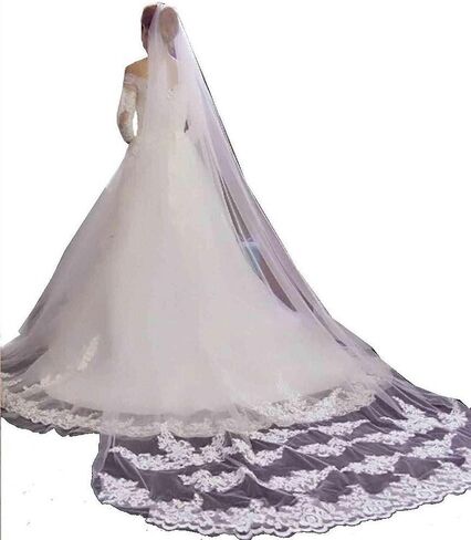 WOWBRIDAL Bride Wedding Lace Sequin Pearl Veils Long Cathedral Veil Soft Tulle Bridal Veils with Metal Comb 118" in Saudi Arabia
