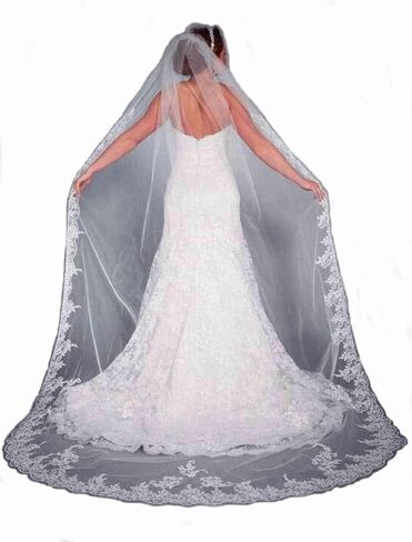 WOWBRIDAL Bride Wedding Lace Sequin Pearl Veils Long Cathedral Veil Soft Tulle Bridal Veils with Metal Comb 118" in Saudi Arabia