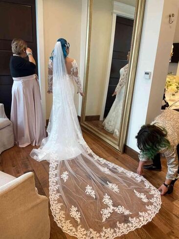 WOWBRIDAL Bride Wedding Lace Sequin Pearl Veils Long Cathedral Veil Soft Tulle Bridal Veils with Metal Comb 118" in Saudi Arabia