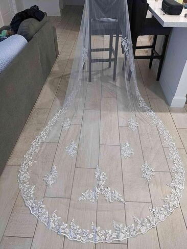 WOWBRIDAL Bride Wedding Lace Sequin Pearl Veils Long Cathedral Veil Soft Tulle Bridal Veils with Metal Comb 118" in Saudi Arabia