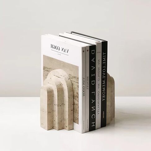1 Piece Modern Travertine Bookend, Arched Design, Natural Stone Book Holders for Desk and Shelf (Travertine - 1 Piece) in Kuwait